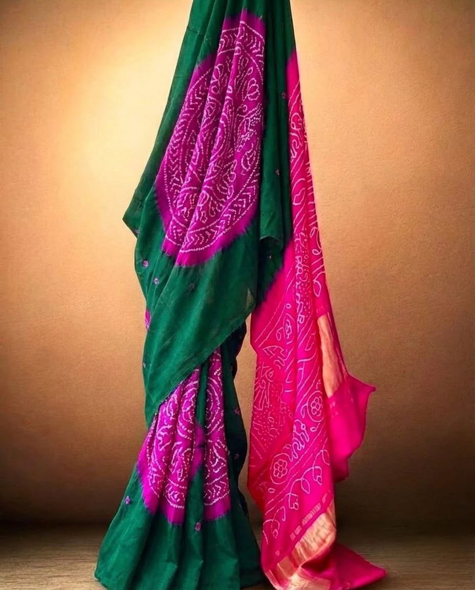 Royal Elegance – Green & Magenta Pure Gajji Silk Bandhani Saree