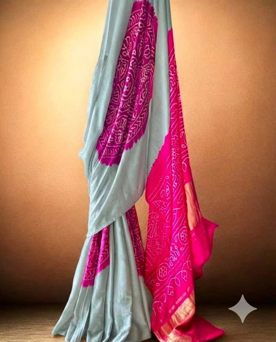 Regal Charm – Silver Grey & Magenta Pure Gajji Silk Bandhani Saree