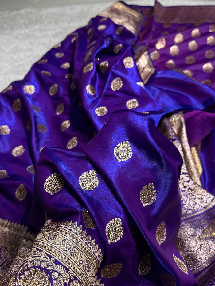 Purple Satin Katan Silk Saree Buta With Swarovski Work