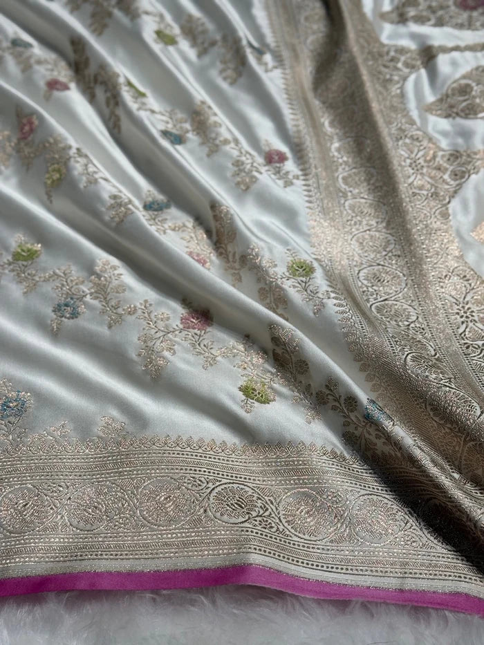 Elegant White Banarasi Cross Mashru Silk Saree with Baby Pink Accents