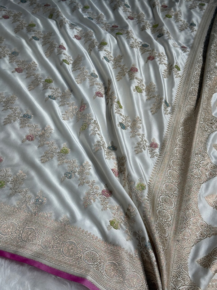 Elegant White Banarasi Cross Mashru Silk Saree with Baby Pink Accents