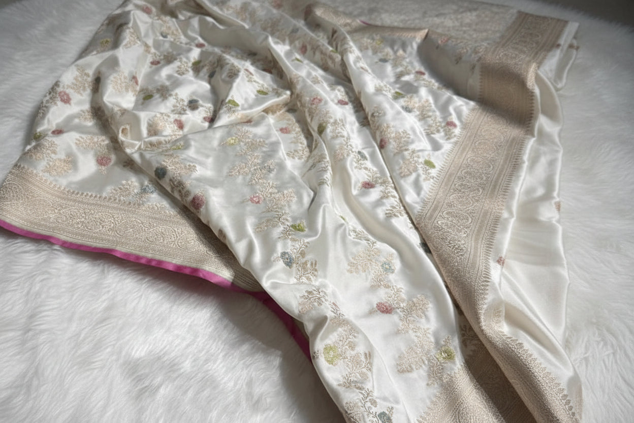 Elegant White Banarasi Cross Mashru Silk Saree with Baby Pink Accents