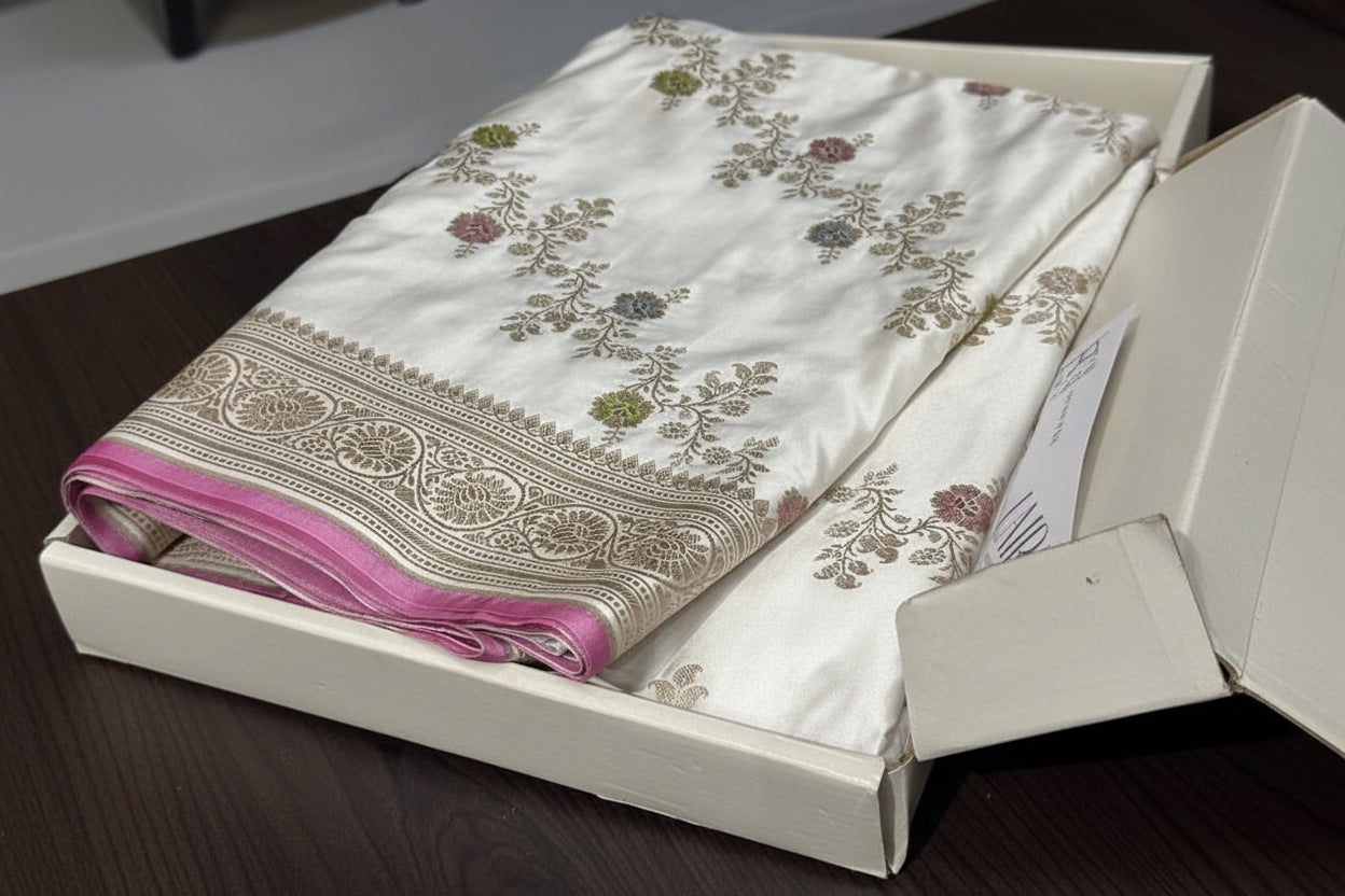 Elegant White Banarasi Cross Mashru Silk Saree with Baby Pink Accents