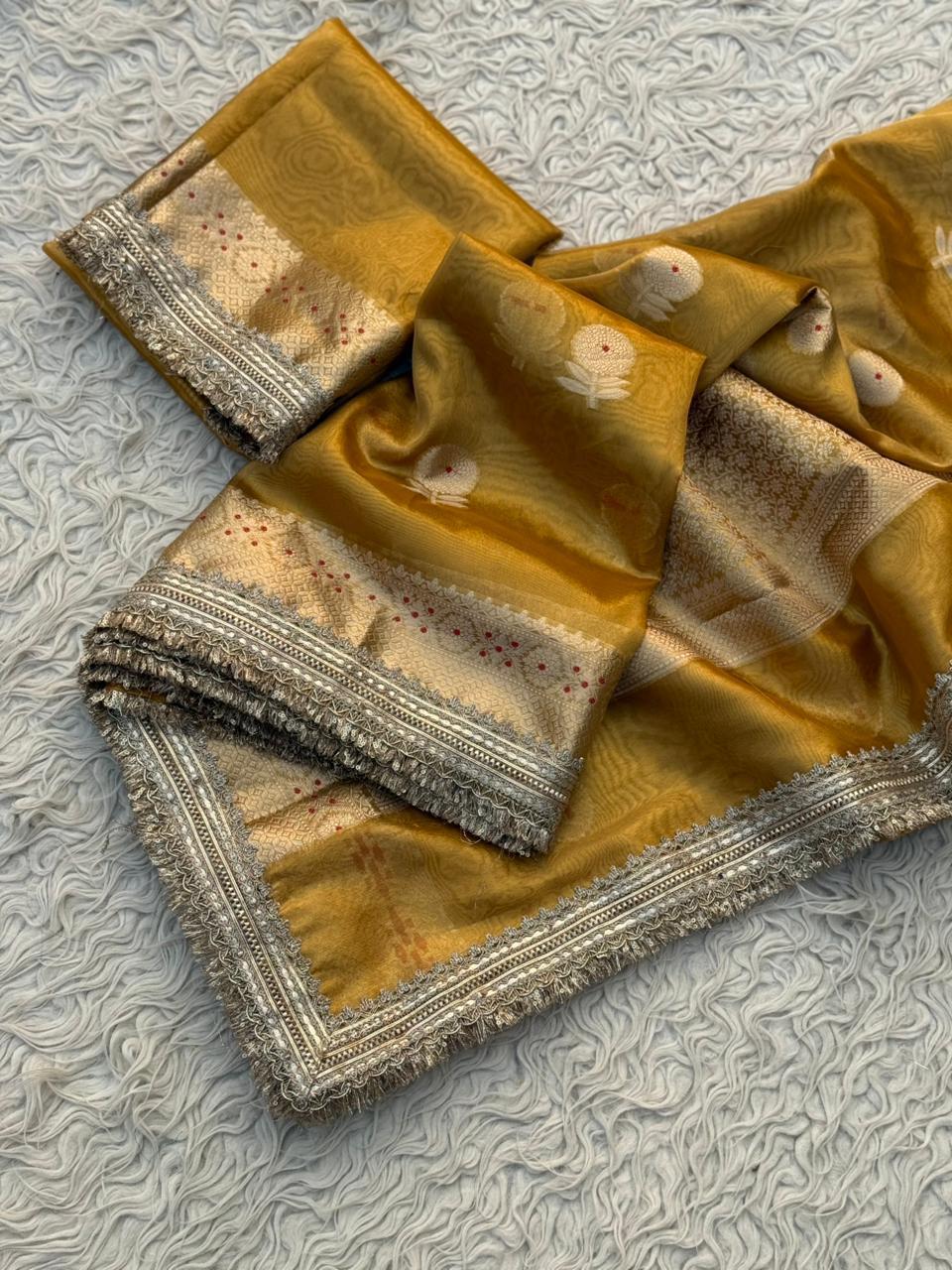 BEAUTIFUL BANARAS SOFT GLASS TISSUE SILK WOVEN LACE WORK WITH MEENAKARI BOOTA SAREE