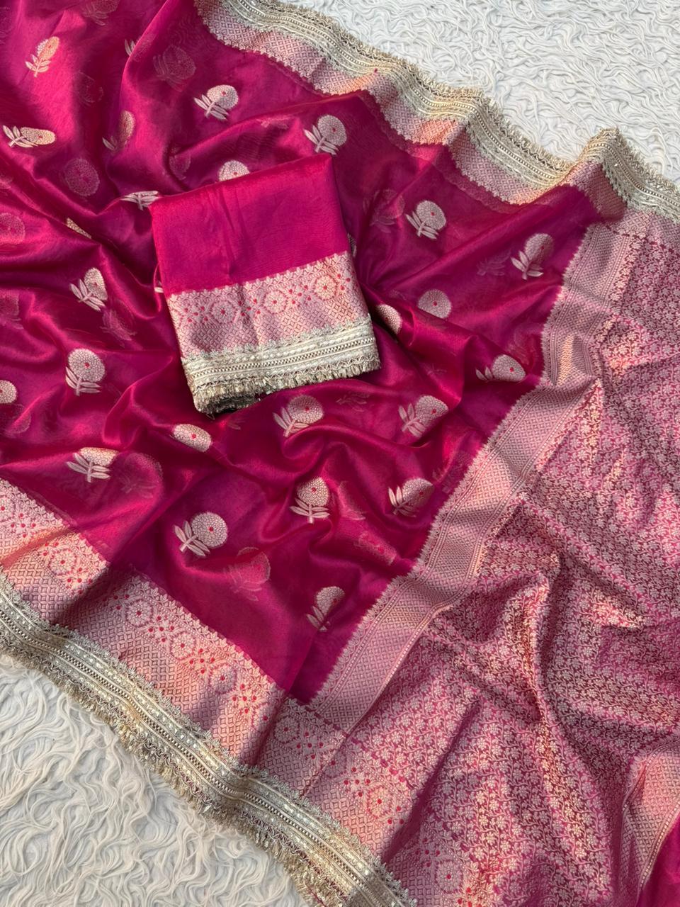 BEAUTIFUL BANARAS SOFT GLASS TISSUE SILK WOVEN LACE WORK WITH MEENAKARI BOOTA SAREES