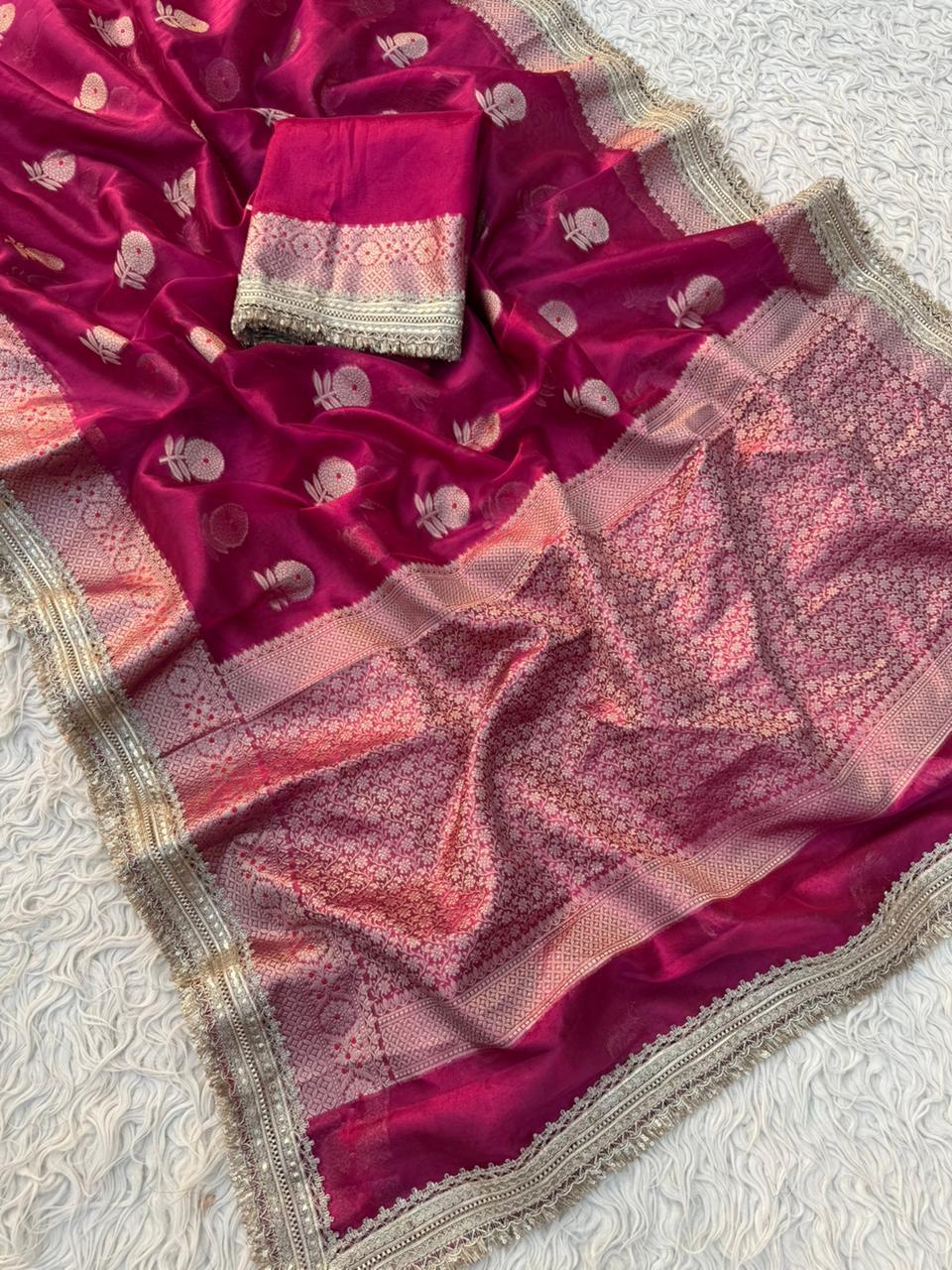 BEAUTIFUL BANARAS SOFT GLASS TISSUE SILK WOVEN LACE WORK WITH MEENAKARI BOOTA SAREES