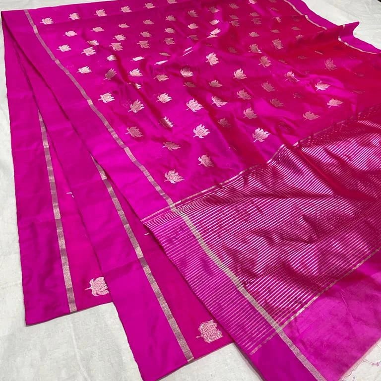 Rani Pink Chanderi Pattu Silk All Over Butte Resham Border Saree