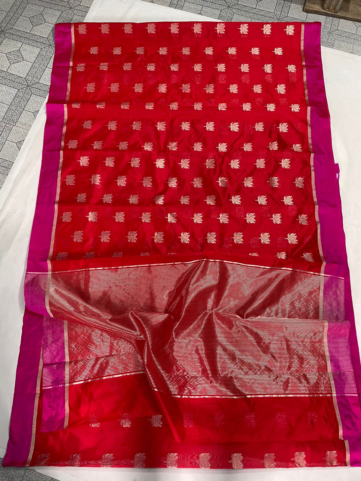 Red Chanderi Pattu Silk All Over Butte Resham Border Saree