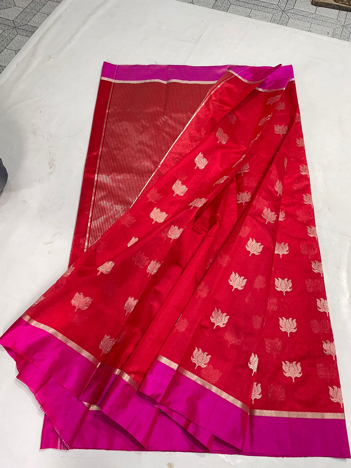 Red Chanderi Pattu Silk All Over Butte Resham Border Saree