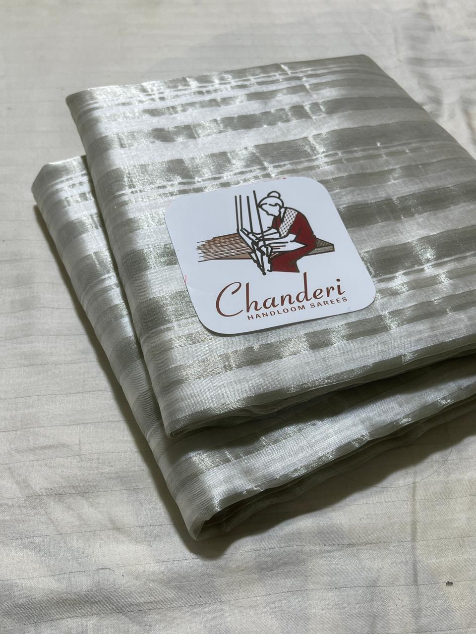 Chanderi Zari Weaving Silver And Gold Zari Strip Small Border Saree