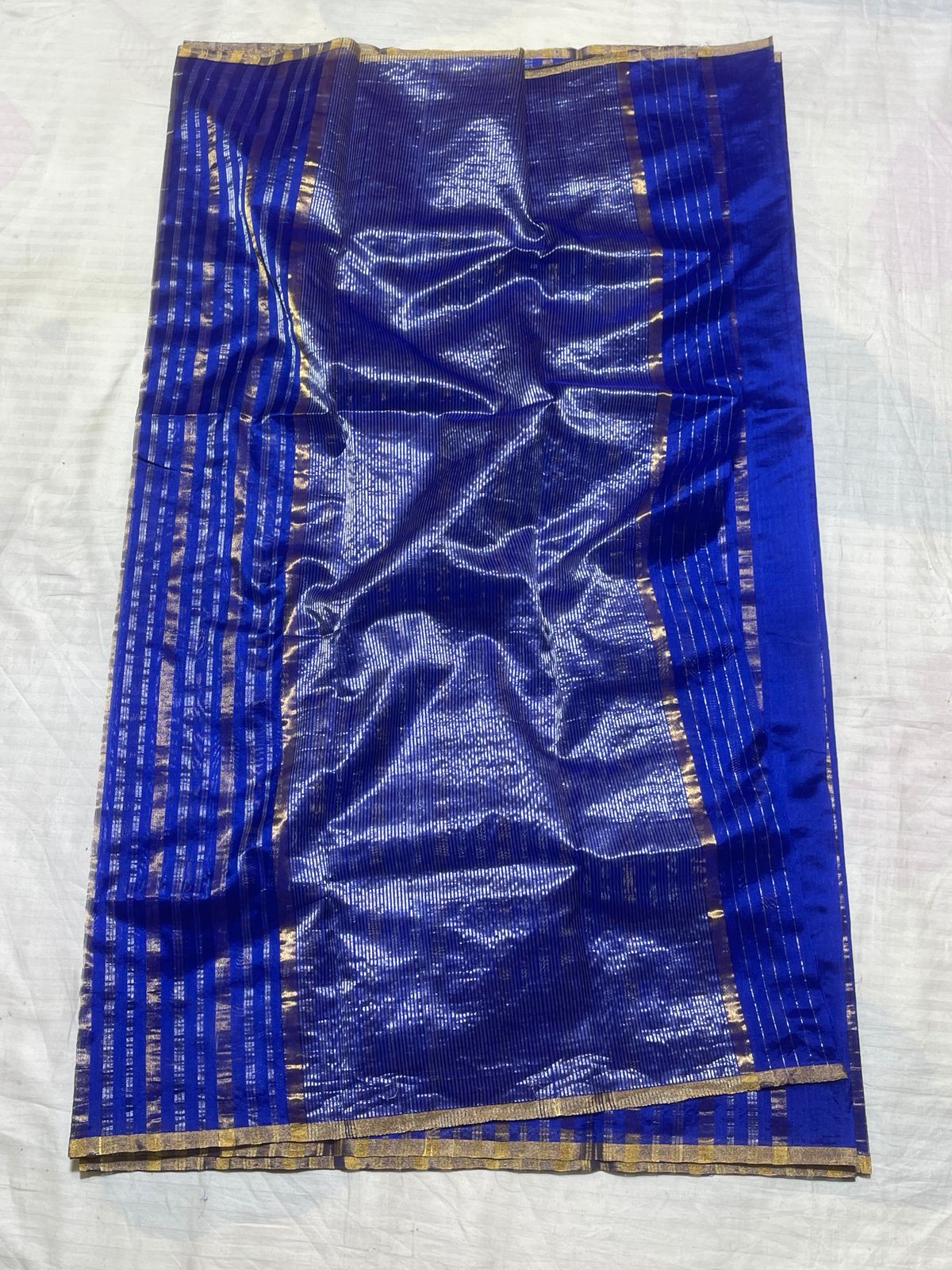 Blue Chanderi Zari Weaving Silver And Gold Zari Strip Small Border Saree