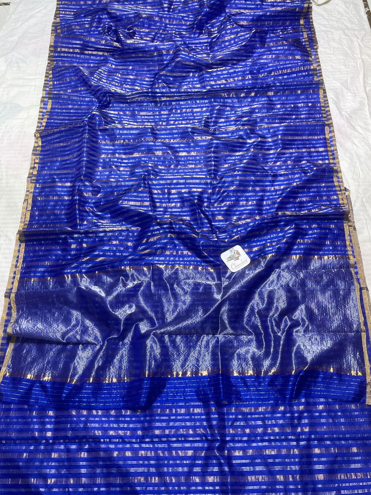 Blue Chanderi Zari Weaving Silver And Gold Zari Strip Small Border Saree