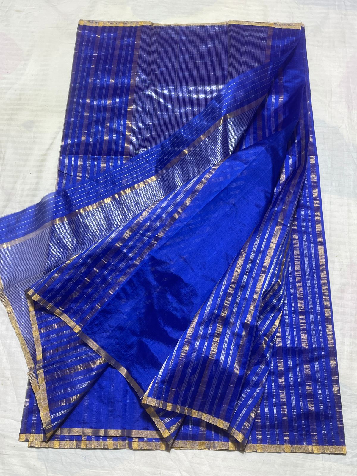 Blue Chanderi Zari Weaving Silver And Gold Zari Strip Small Border Saree
