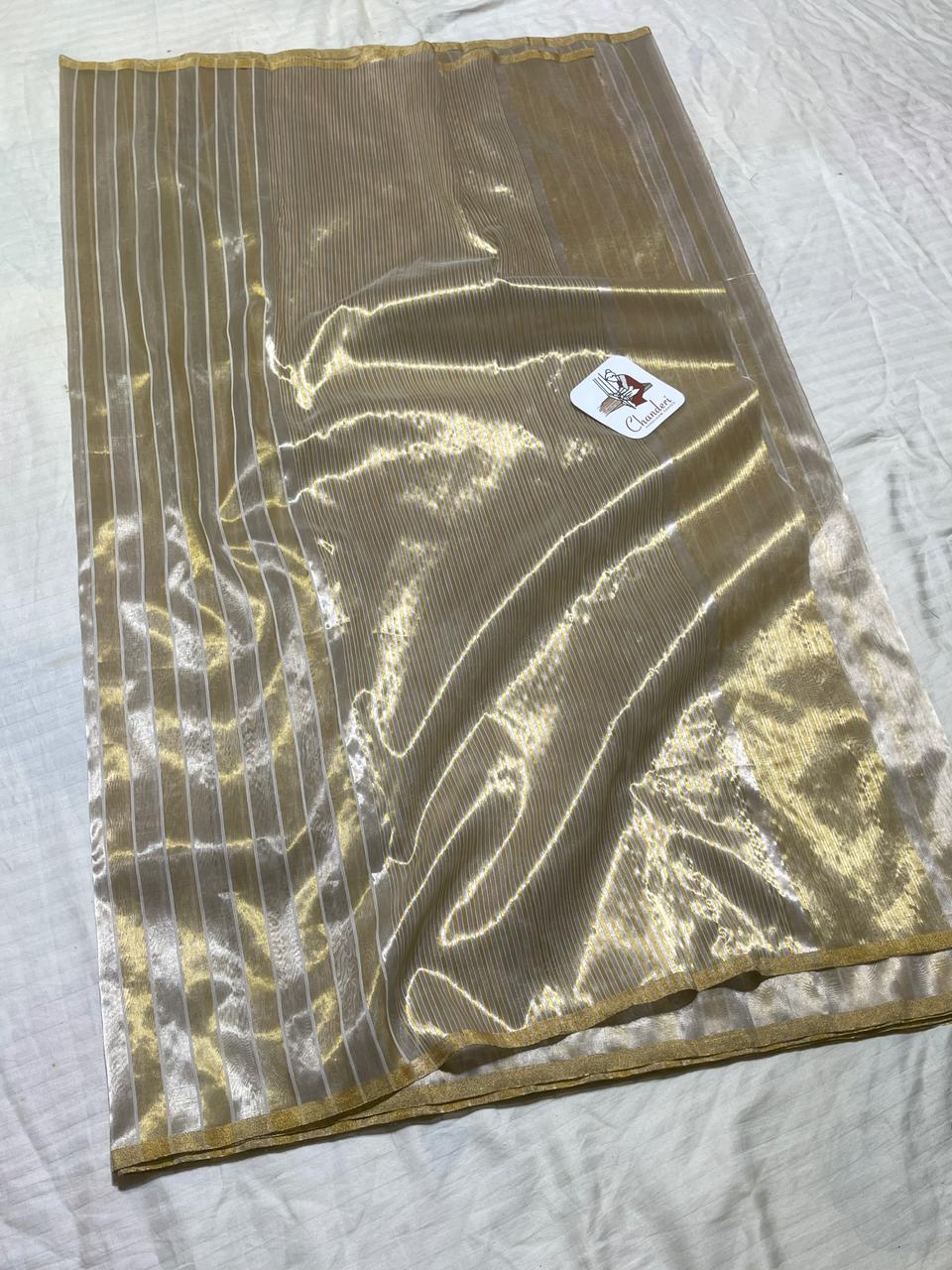 Chanderi Zari Weaving Silver And Gold Zari Strip Small Border Saree