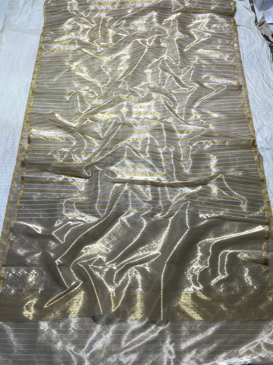 Chanderi Zari Weaving Silver And Gold Zari Strip Small Border Saree