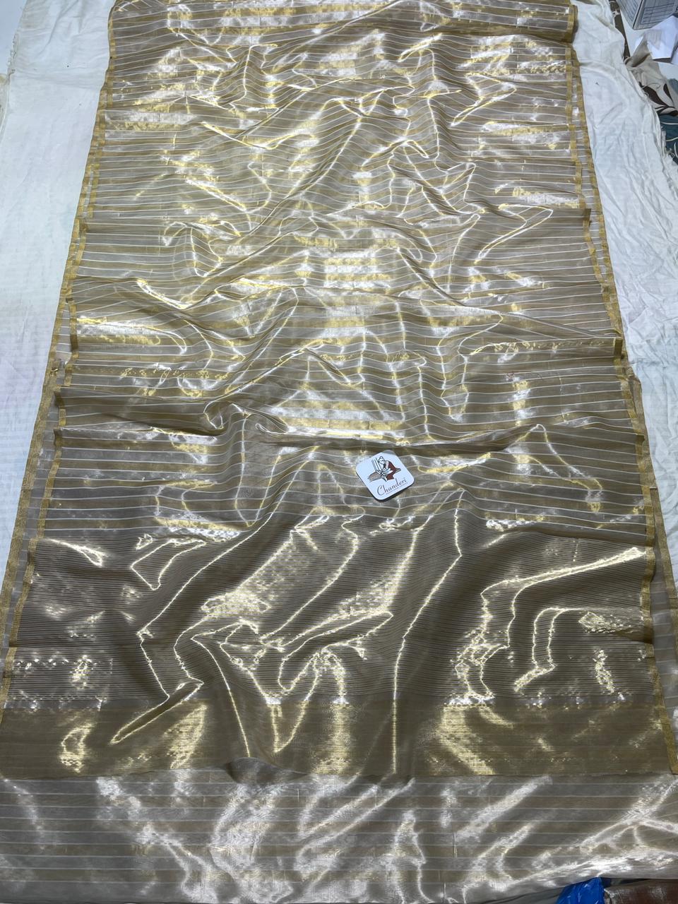 Chanderi Zari Weaving Silver And Gold Zari Strip Small Border Saree