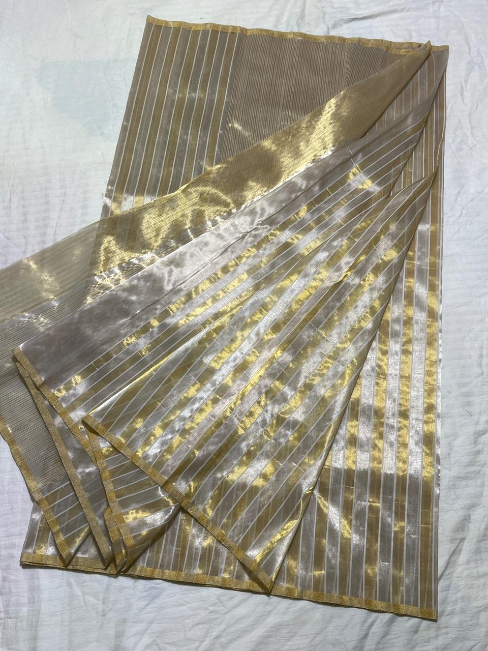 Chanderi Zari Weaving Silver And Gold Zari Strip Small Border Saree