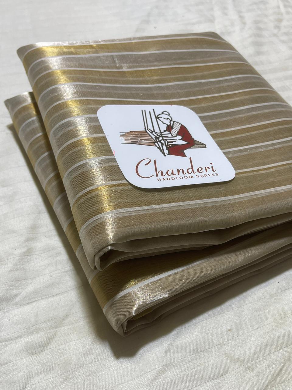 Chanderi Zari Weaving Silver And Gold Zari Strip Small Border Saree