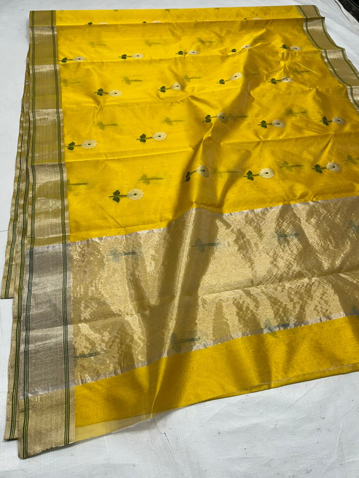 Chanderi Pattu Silk All Over Minakari Butta Patella Border And Zari Strip Palla Saree