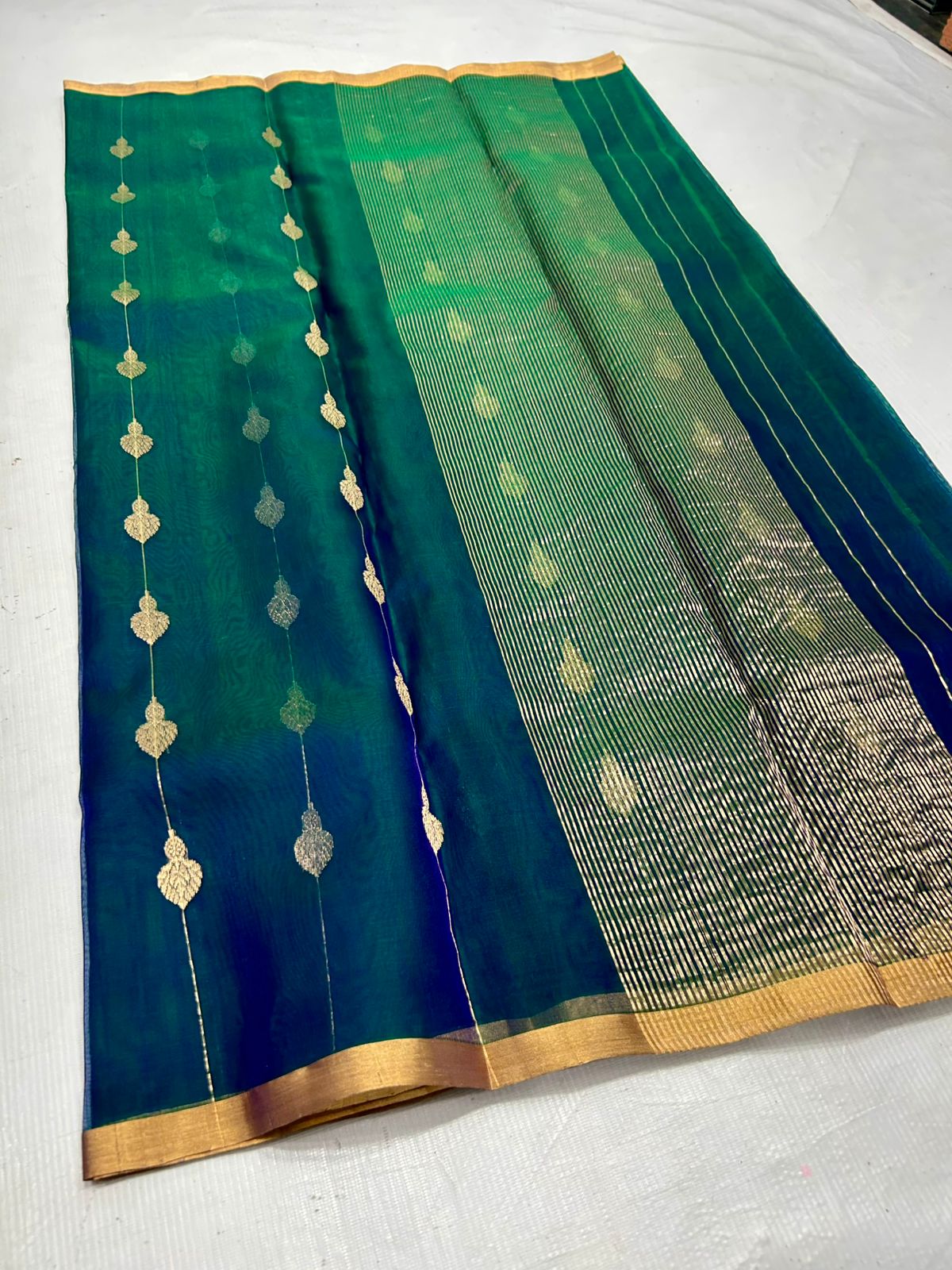 Chanderi Handloom Katan Silk All Over Butte Small Border And Zari Strip Palla Saree