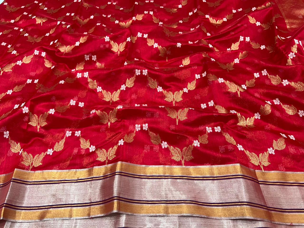 Chanderi Pattu Silk All Over Minakari Butta Patella Border And Zari Strip Palla Saree