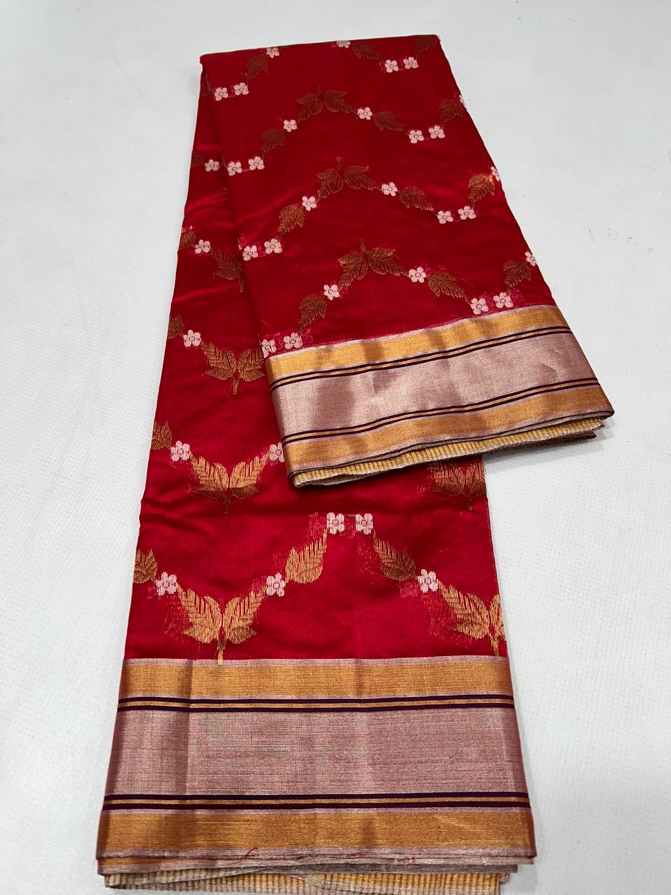 Chanderi Pattu Silk All Over Minakari Butta Patella Border And Zari Strip Palla Saree