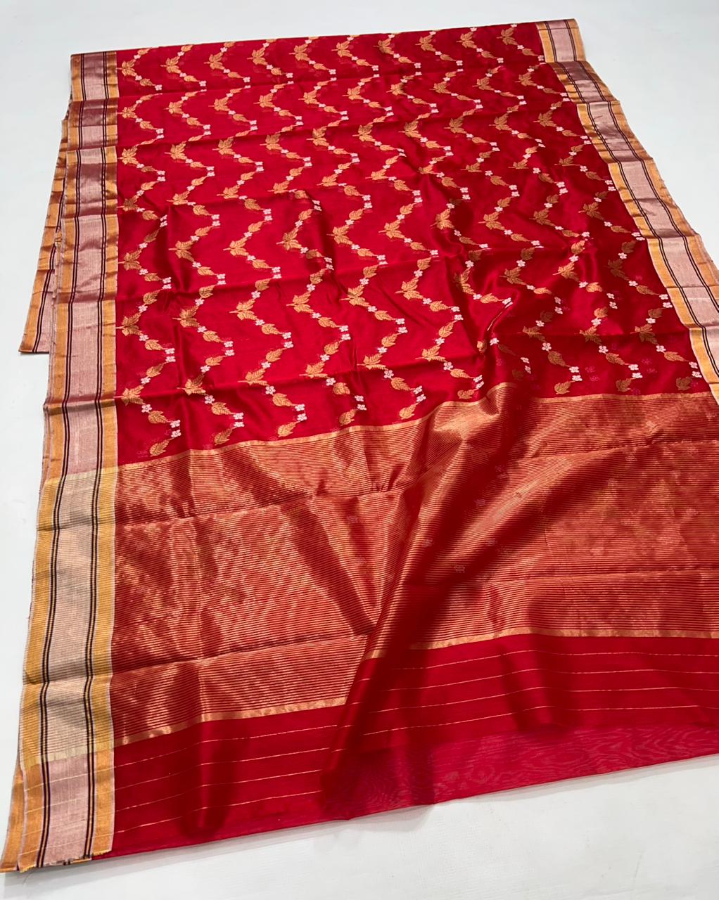Chanderi Pattu Silk All Over Minakari Butta Patella Border And Zari Strip Palla Saree