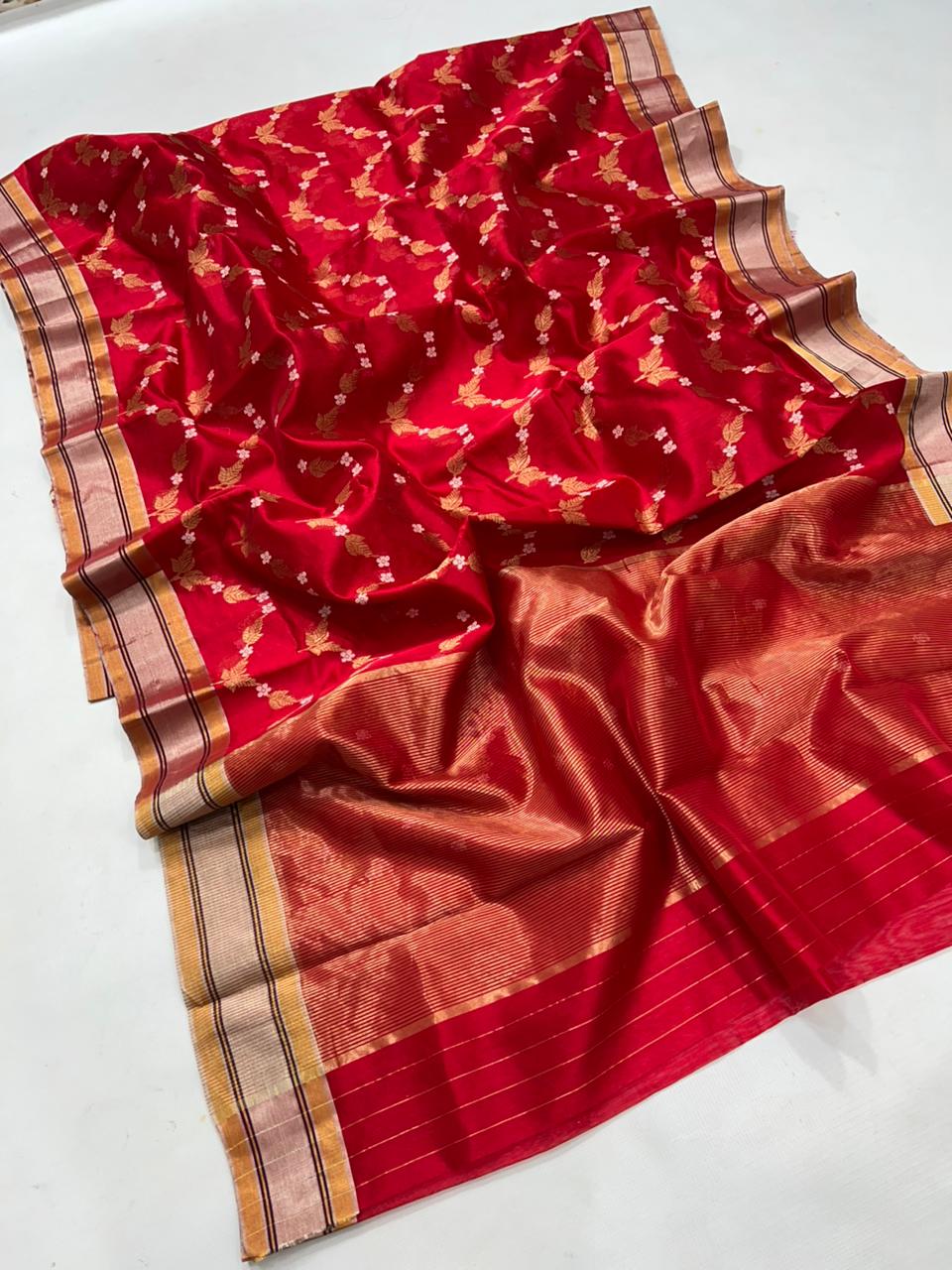 Chanderi Pattu Silk All Over Minakari Butta Patella Border And Zari Strip Palla Saree