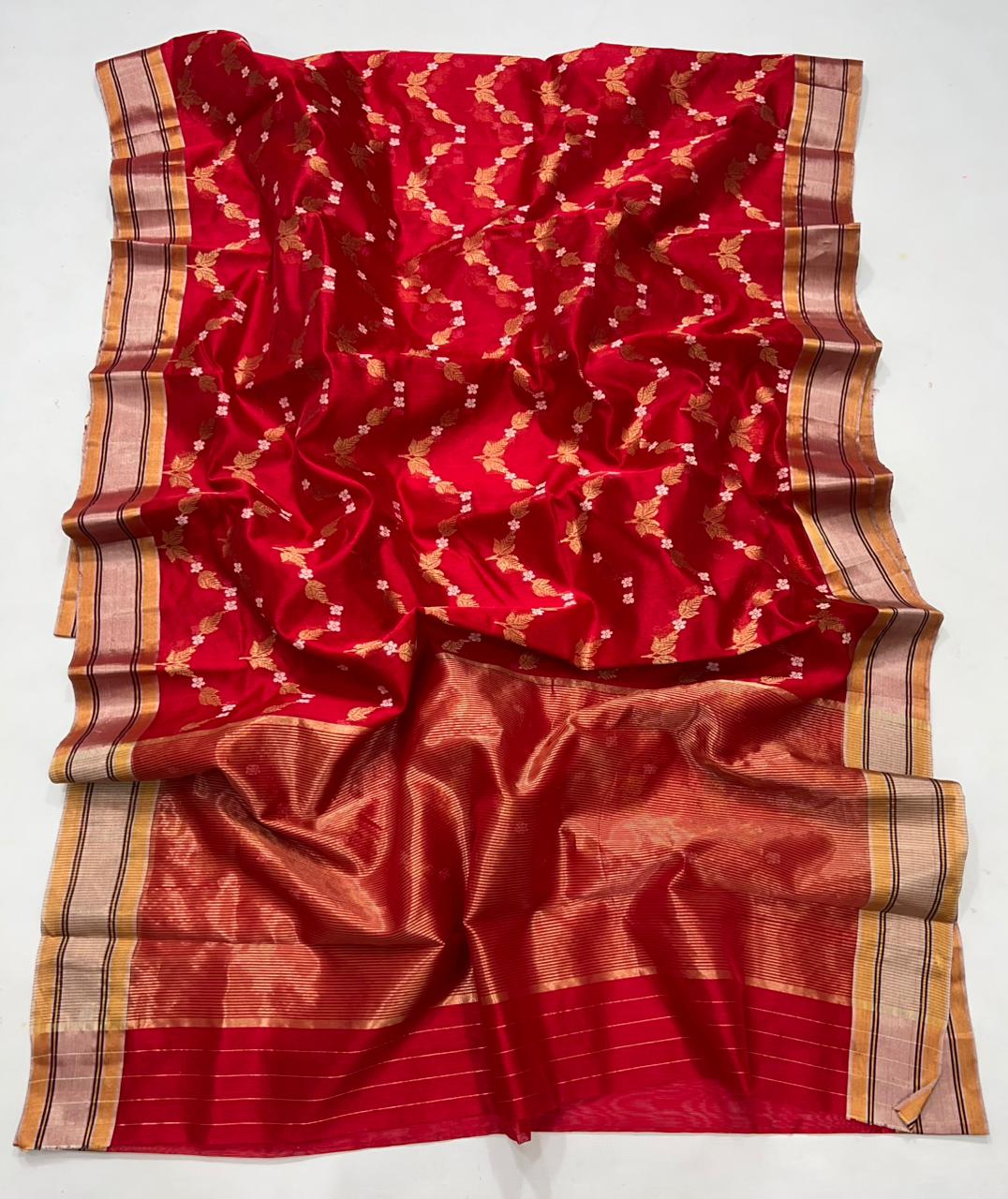 Chanderi Pattu Silk All Over Minakari Butta Patella Border And Zari Strip Palla Saree