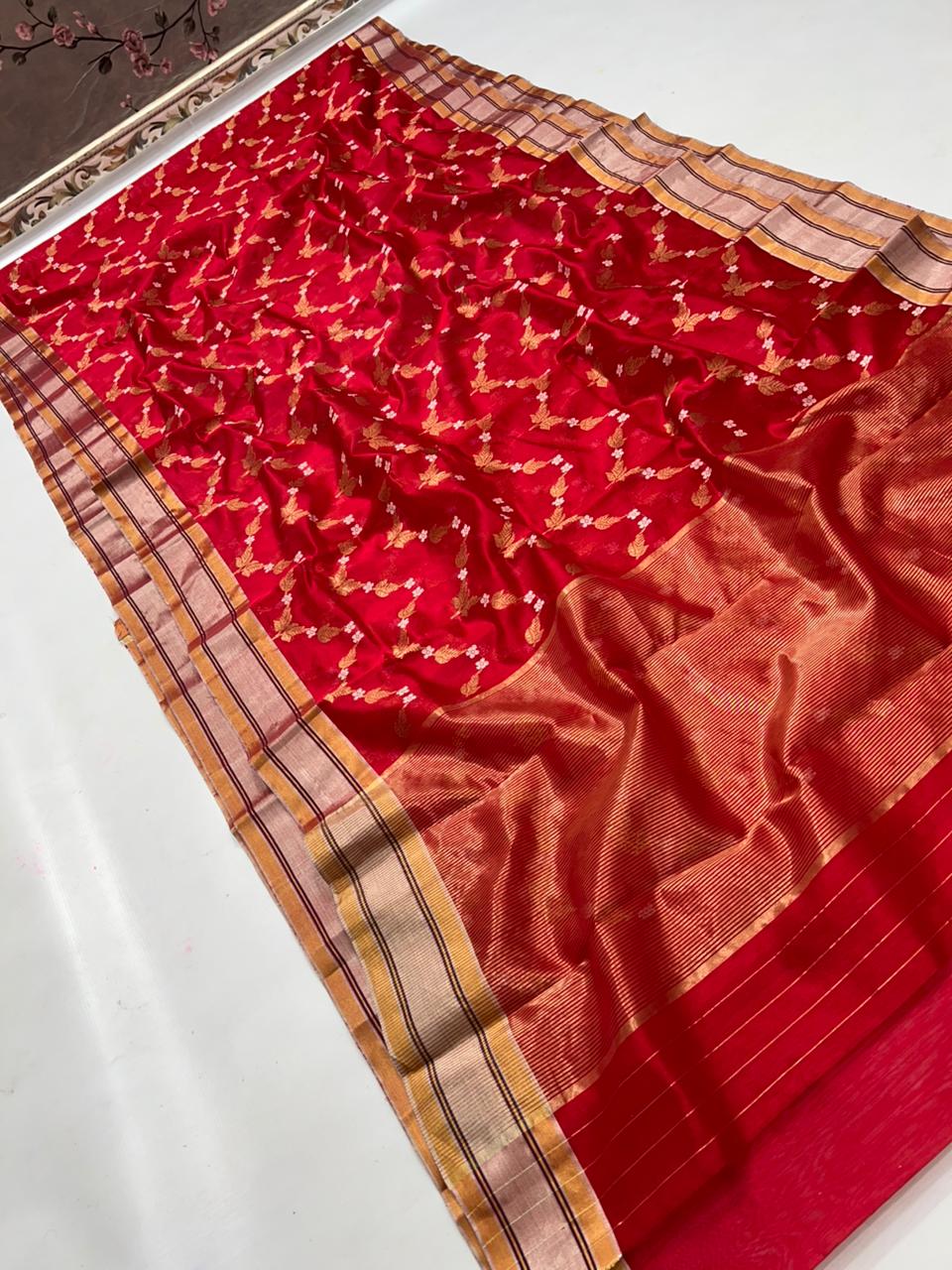 Chanderi Pattu Silk All Over Minakari Butta Patella Border And Zari Strip Palla Saree