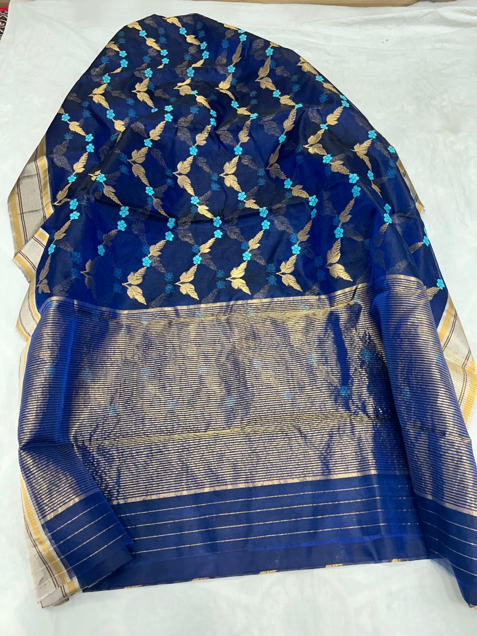 Chanderi Pattu Silk All Over Minakari Butta Patella Border And Zari Strip Palla Saree