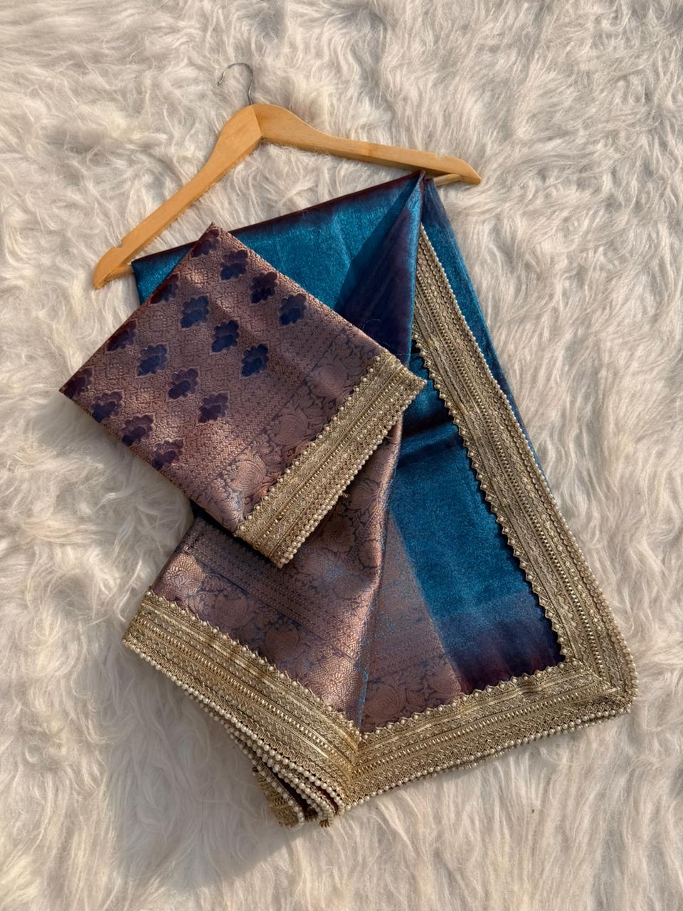 BEAUTIFUL BANARASI GLASS TISSUE SILK SOFT WOVEN LACE WORK SAREE