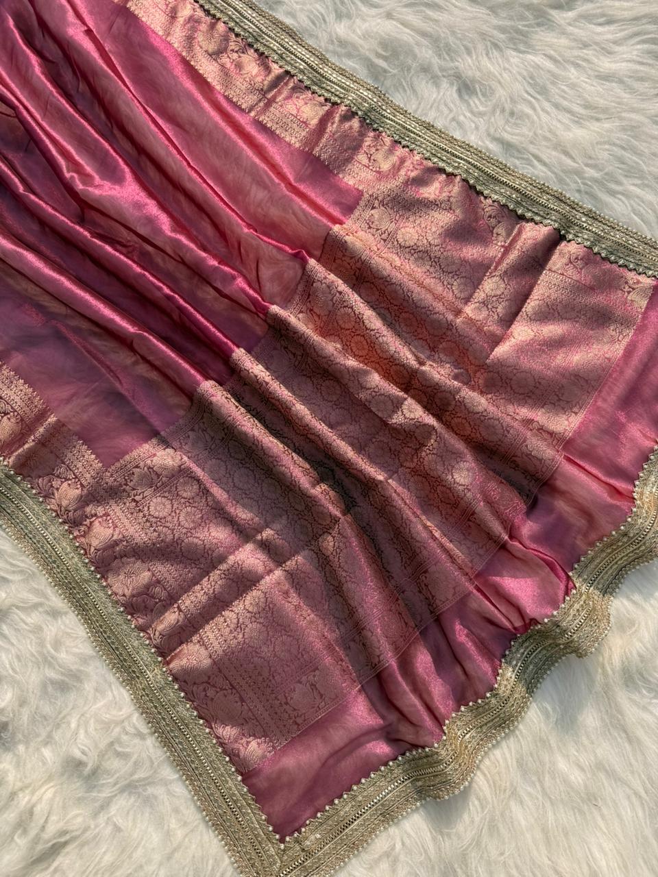 BEAUTIFUL BANARASI GLASS TISSUE SILK SOFT WOVEN LACE WORK SAREE