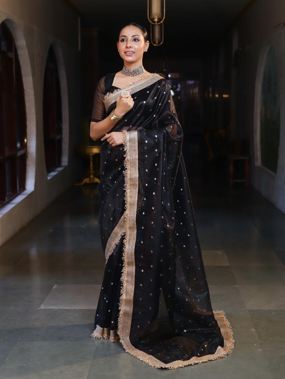 BEAUTIFUL BANARAS SOFT GLASS TISSUE SILK BOOTI WOVEN LACE WORK SAREE