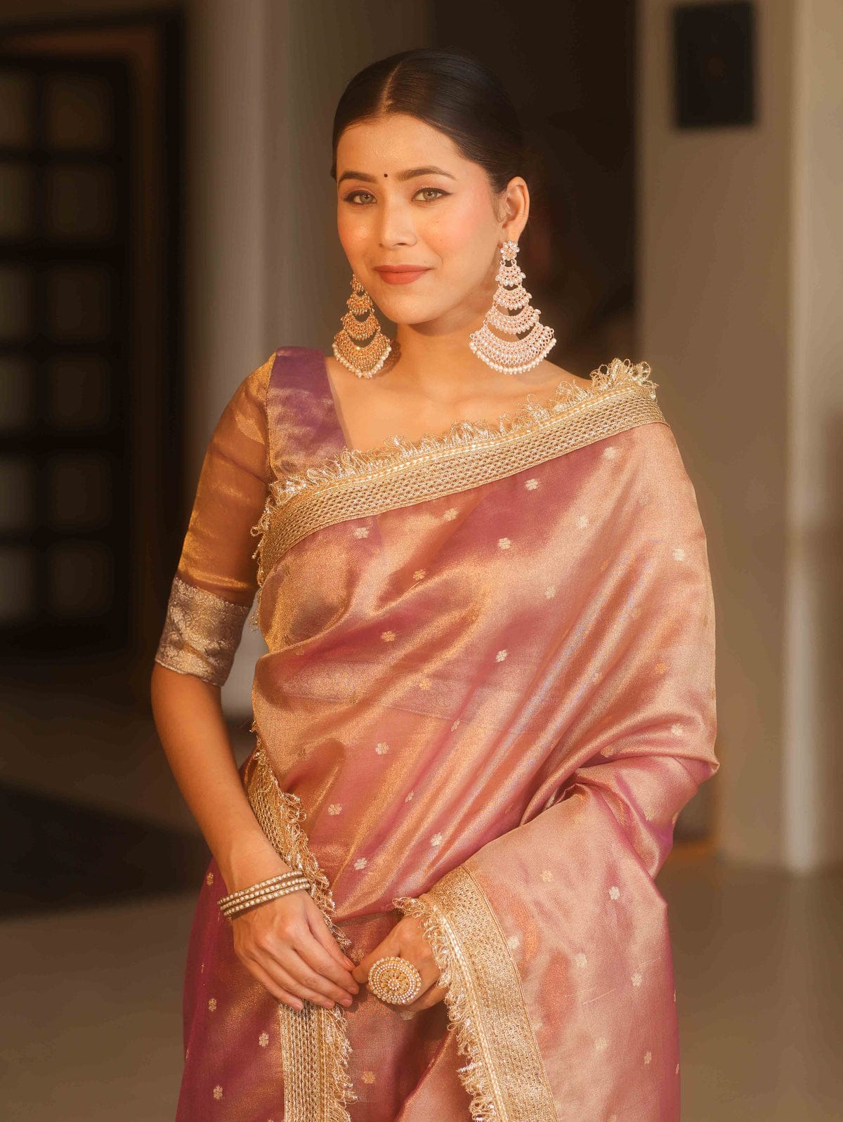 Beautiful Banarasi Glass Tissue Silk Saree with Elegant Lace Work