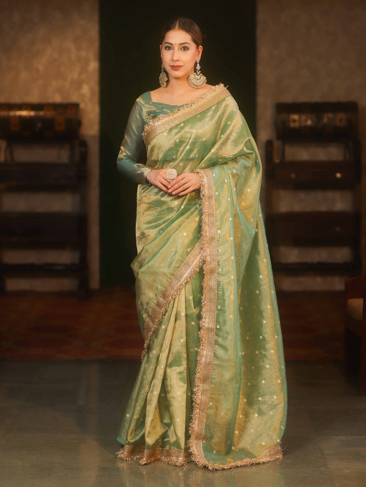 BEAUTIFUL BANARAS SOFT GLASS TISSUE SILK BOOTI WOVEN LACE WORK SAREE