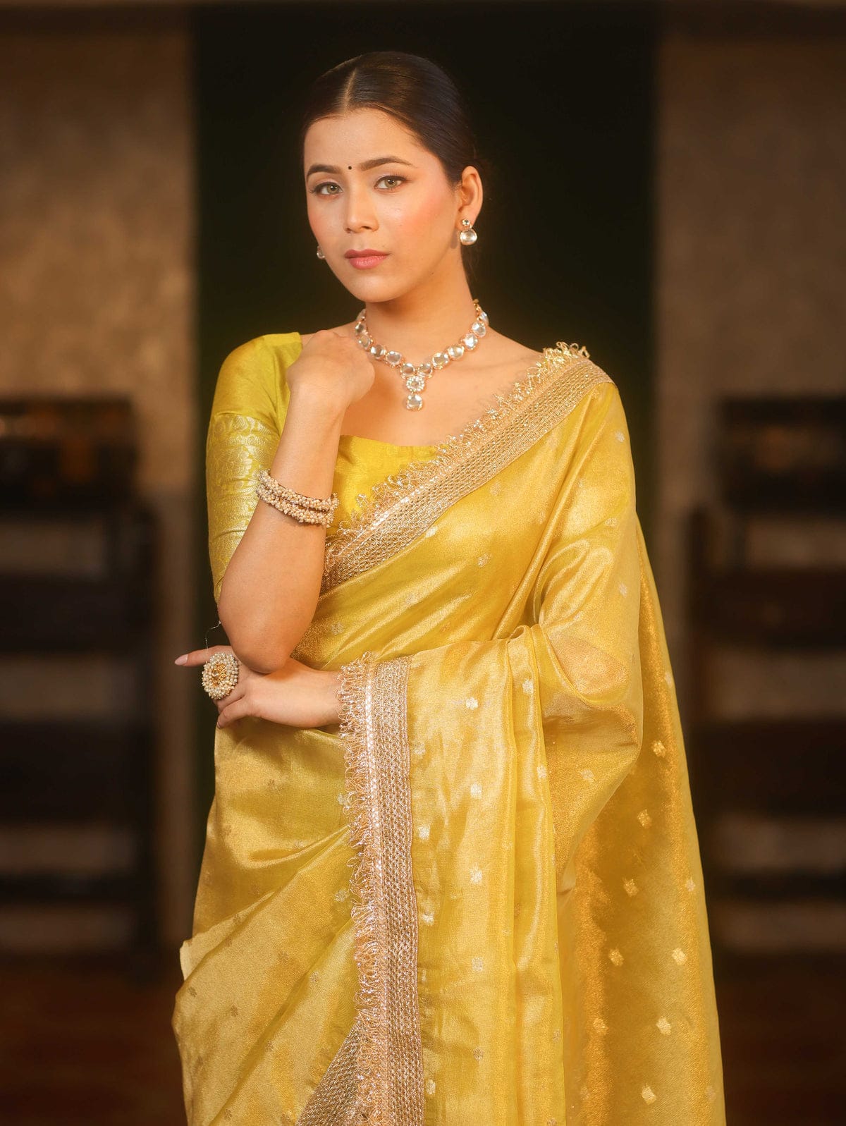 BEAUTIFUL BANARAS SOFT GLASS TISSUE SILK BOOTI WOVEN LACE WORK SAREE