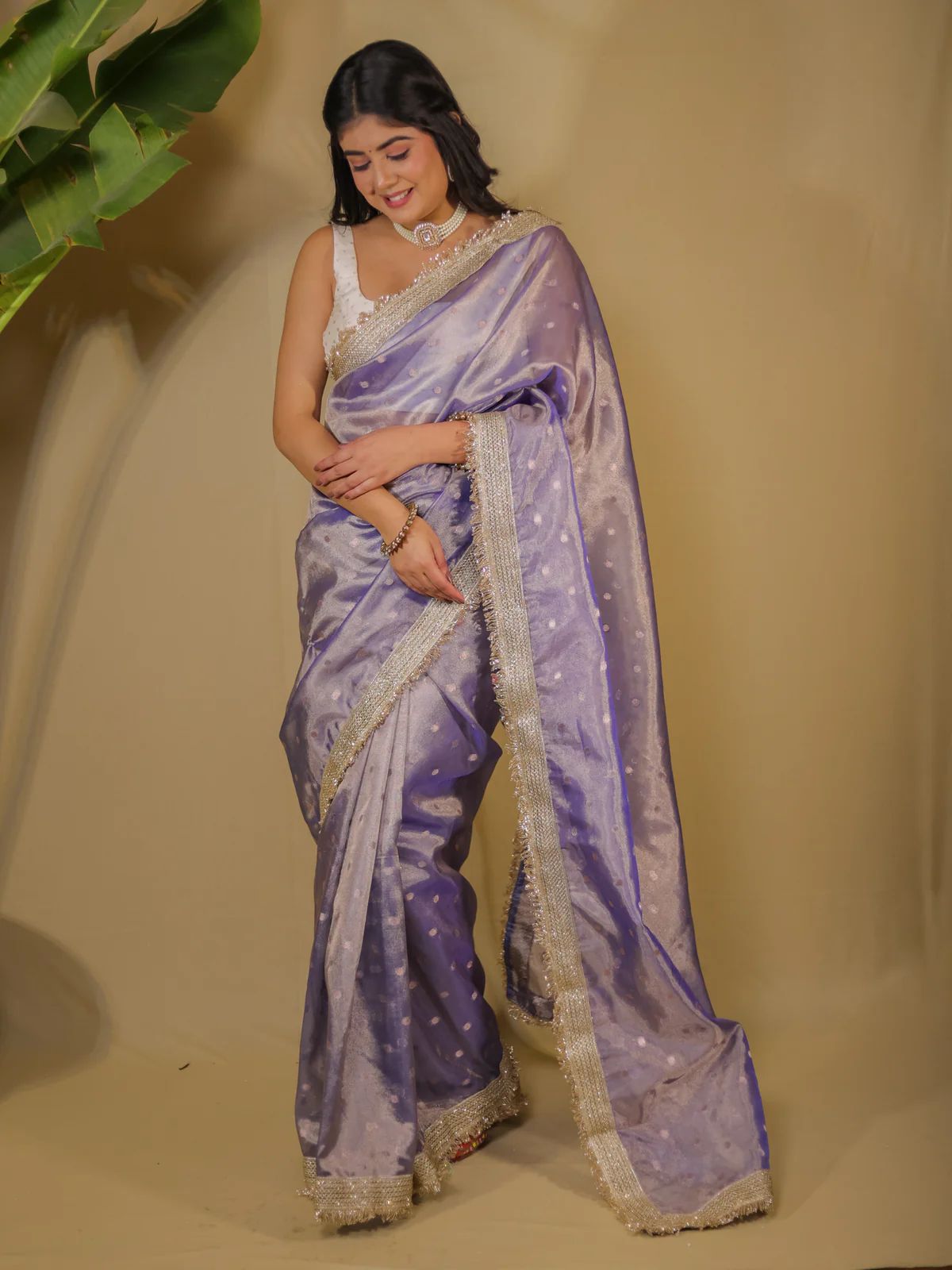 BEAUTIFUL BANARAS SOFT GLASS TISSUE SILK BOOTI WOVEN LACE WORK SAREE