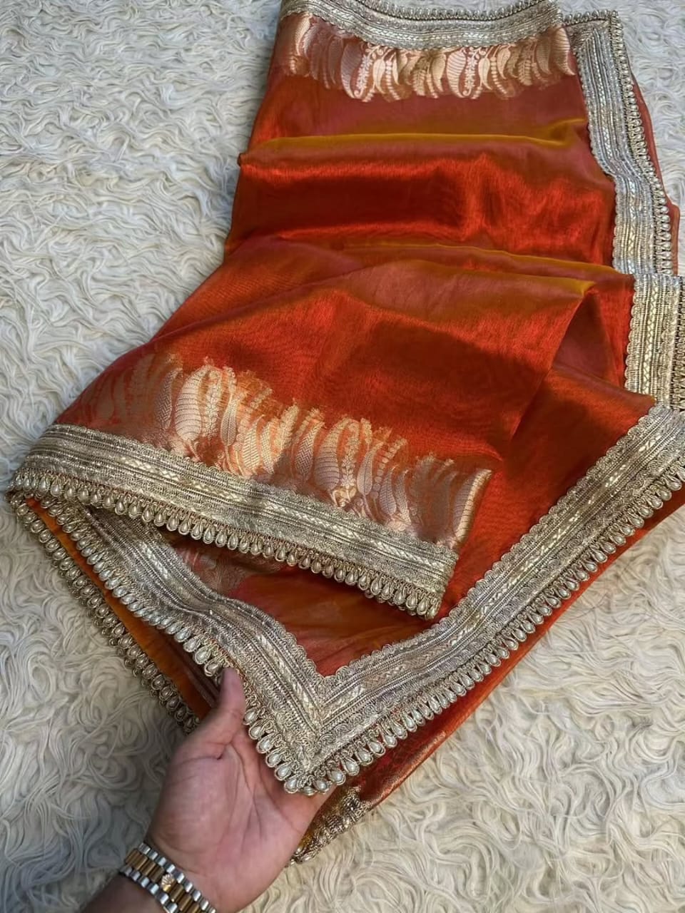 Beautiful Banarasi Glass Tissue Silk Saree with Elegant Lace Work