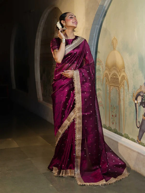 BEAUTIFUL BANARAS SOFT GLASS TISSUE SILK BOOTI WOVEN LACE WORK SAREES