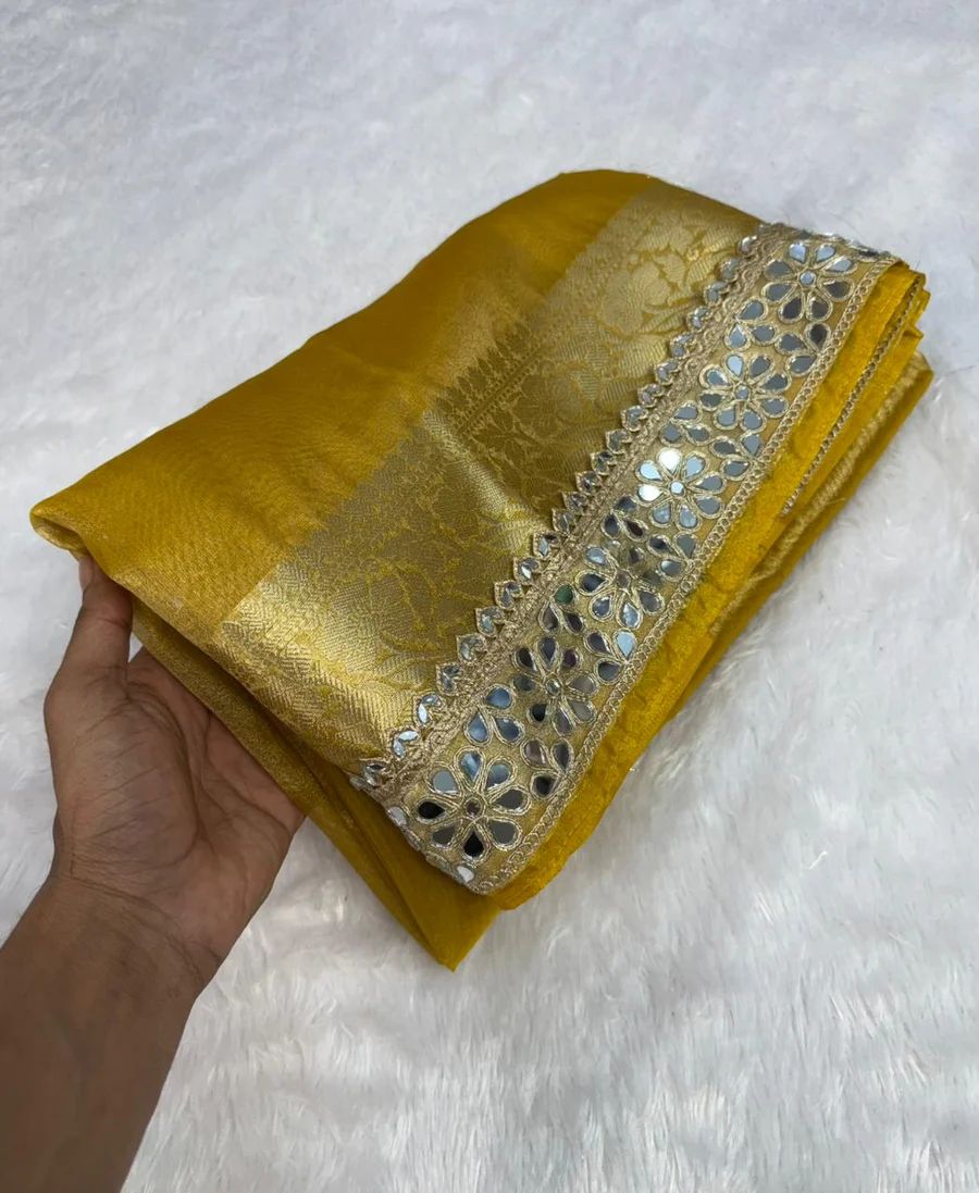 YELLOW BEAUTIFUL BANARASI TISSUE SILK MIRROR LACE WORK PREMIUM QUALITY SAREE