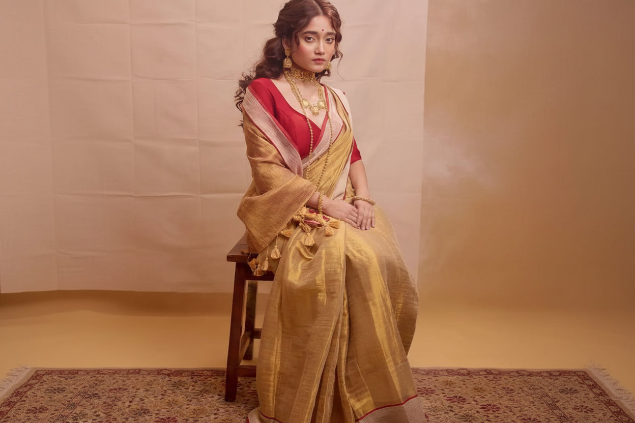 Beautiful Red Skart Broder Mul Tissue Saree with Blouse Piece – Premium Handwoven