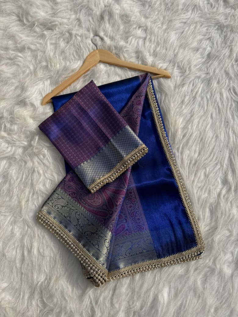 Beautiful Banarasi Soft Glass Tissue Silk Saree with Boota Skirt & Woven Lace Work