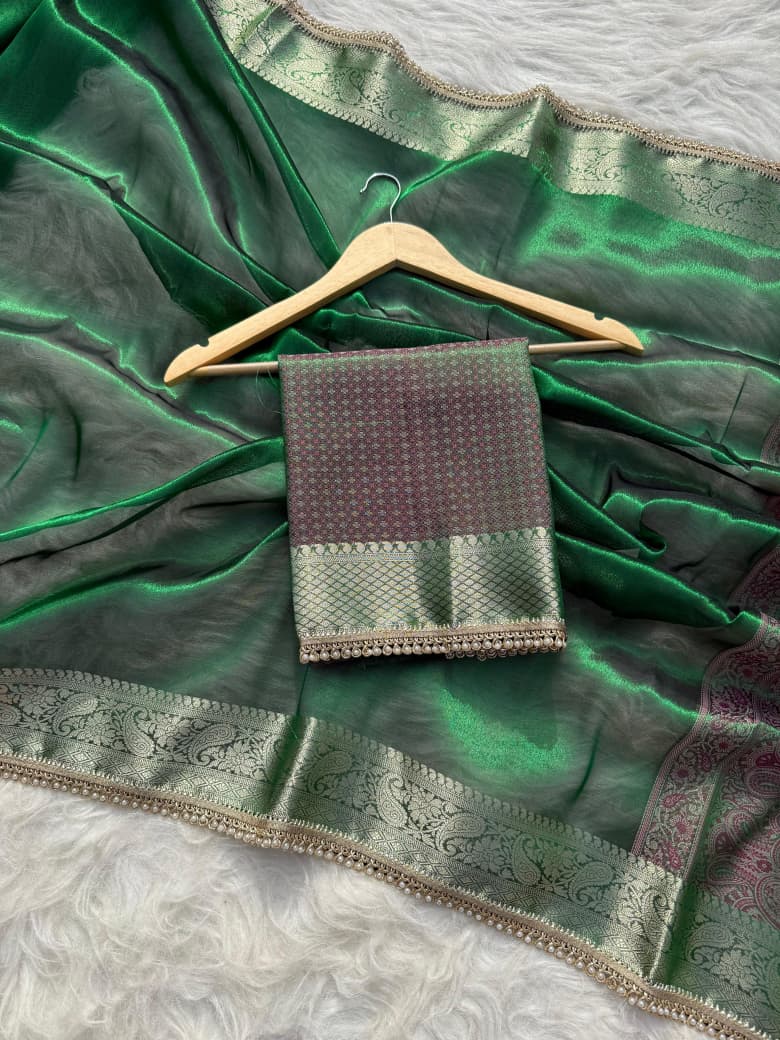 Beautiful Banarasi Soft Glass Tissue Silk Saree with Boota Skirt & Woven Lace Work