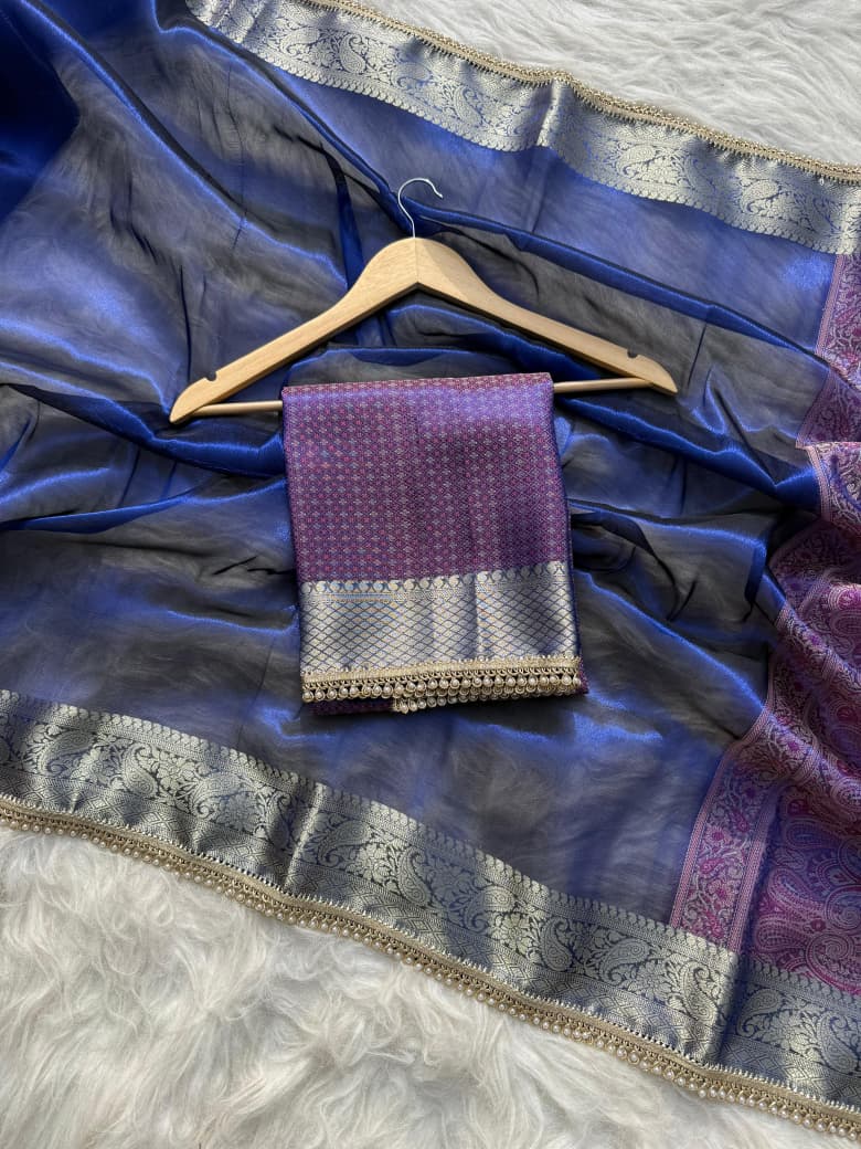 Beautiful Banarasi Soft Glass Tissue Silk Saree with Boota Skirt & Woven Lace Work