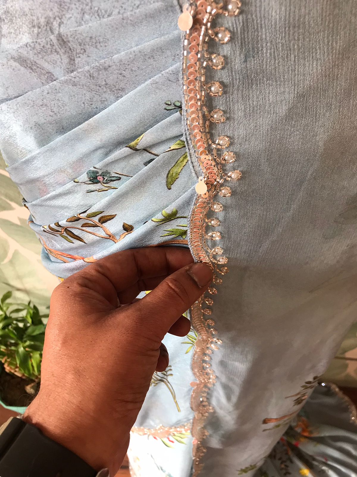 Premium Chinnon Silk Saree with Oversized Floral Print & Pearl Cut-Dana Handwork