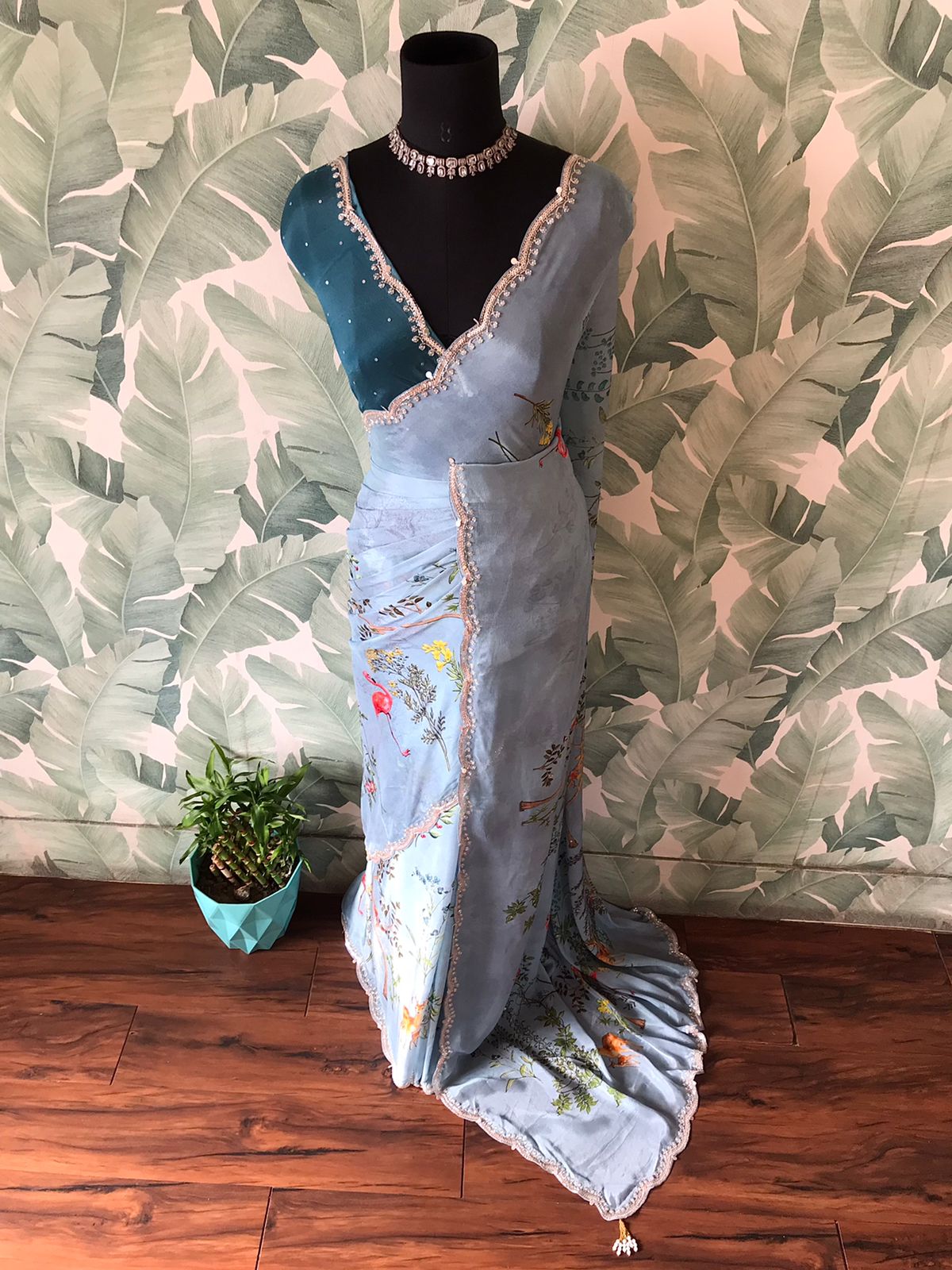 Premium Chinnon Silk Saree with Oversized Floral Print & Pearl Cut-Dana Handwork