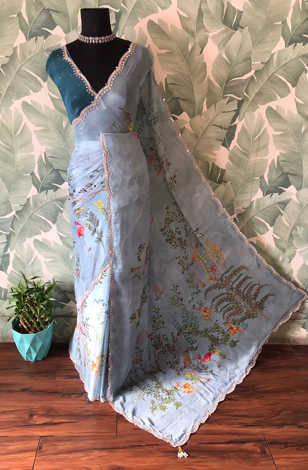 Premium Chinnon Silk Saree with Oversized Floral Print & Pearl Cut-Dana Handwork