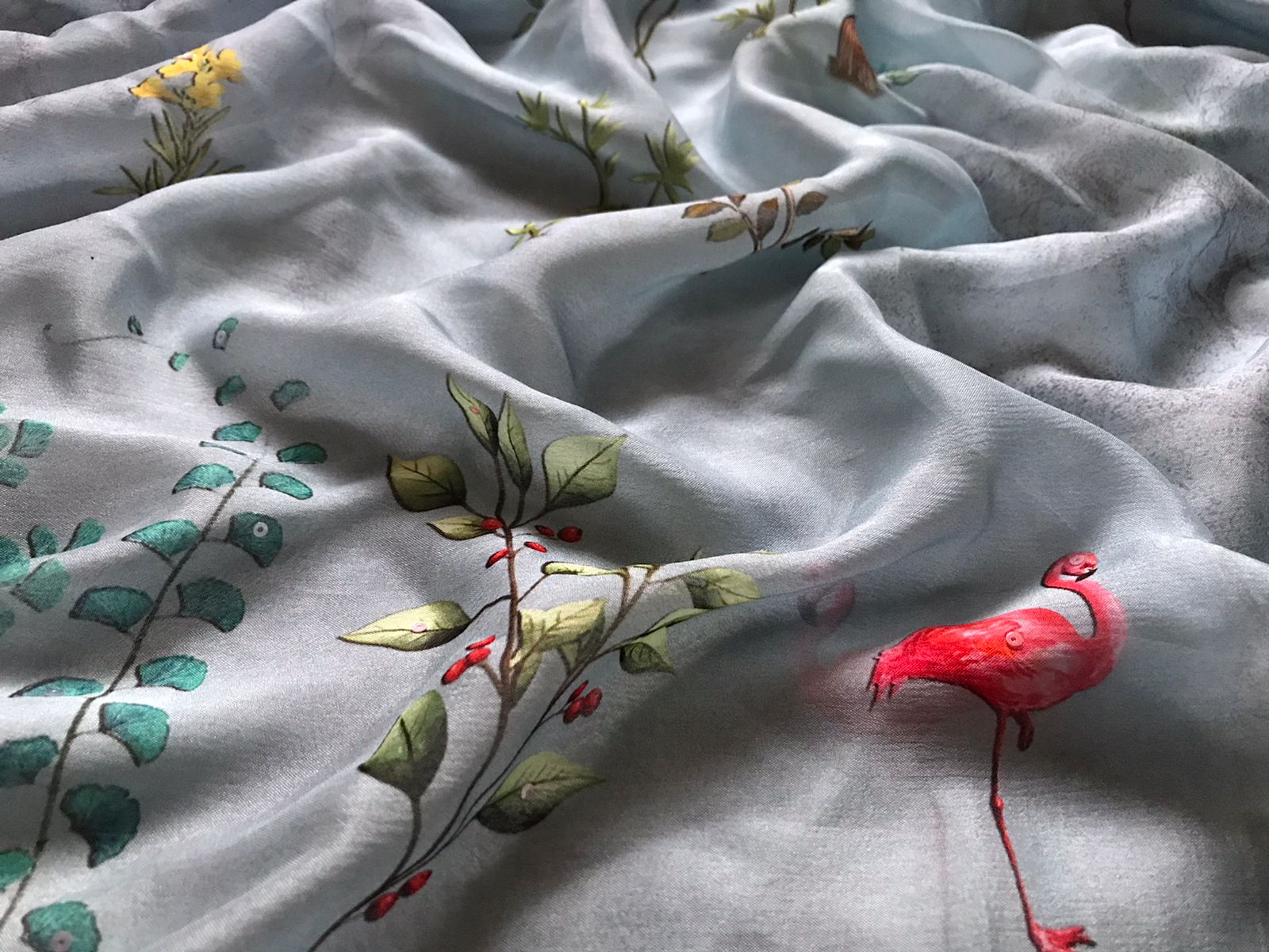 Premium Chinnon Silk Saree with Oversized Floral Print & Pearl Cut-Dana Handwork