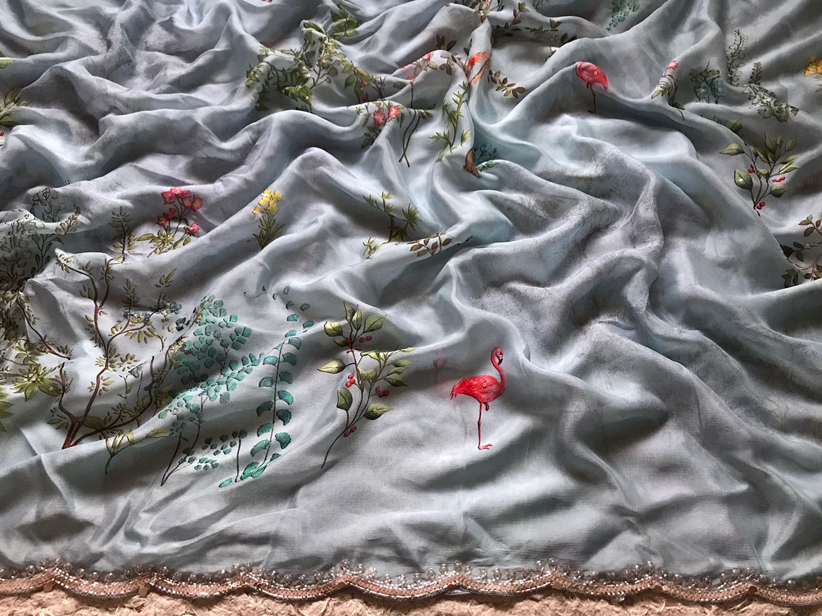 Premium Chinnon Silk Saree with Oversized Floral Print & Pearl Cut-Dana Handwork